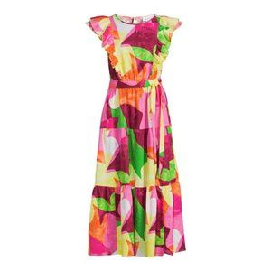 THE GET Pink Purple Yellow Green Floral Linen Prairie Ruffled Tiered Maxi Dress